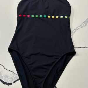 Anne Cole one piece bathing suit in black with colorful detailing on the front